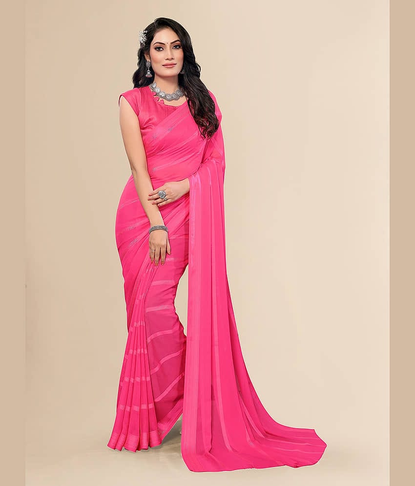 ANAND SAREES Satin Striped Saree With Unstitched Blouse Piece ( Pink )