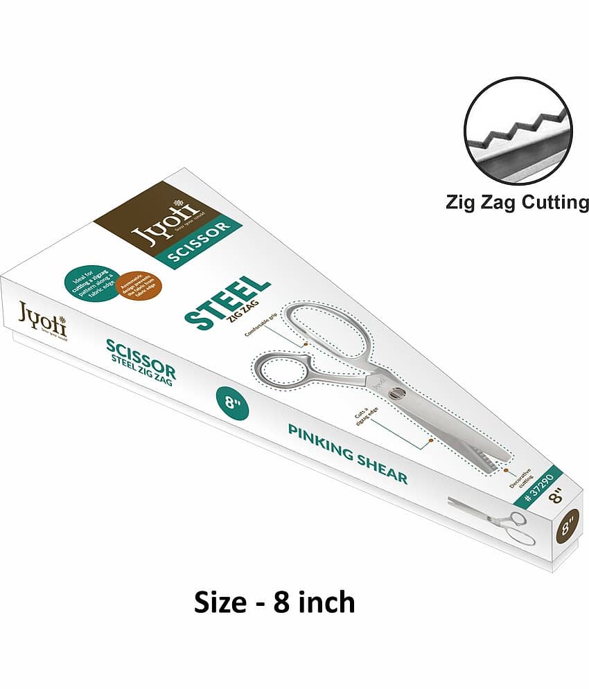 Jyoti Scissor 8" Steel Zig Zag, Pinking Shear, Ideal for cutting a Zigzag Pattern along a Fabric Edge, Asymmetric Design Prevents the Fabric from the Fabric Edge, Comfortable Grip & Decorative Cutting - Pack of 1