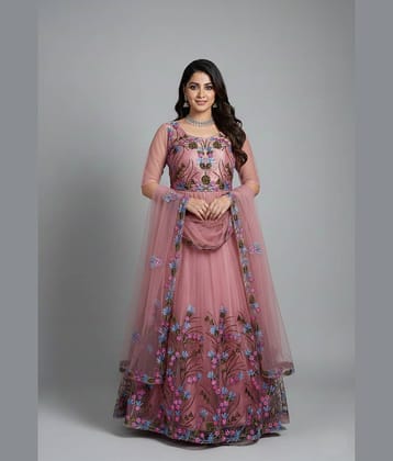 KV Fashion Women's Net Semi Stitched Flared Ethnic Gown With Dupatta