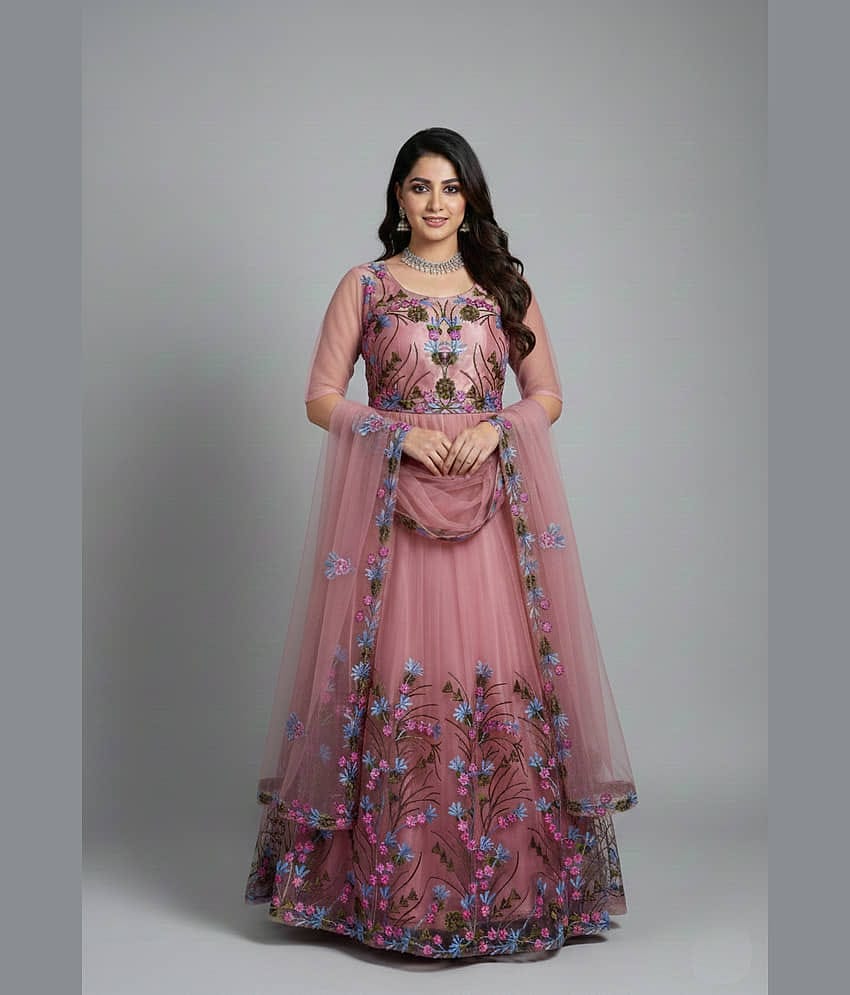 KV Fashion Women's Net Semi Stitched Flared Ethnic Gown With Dupatta
