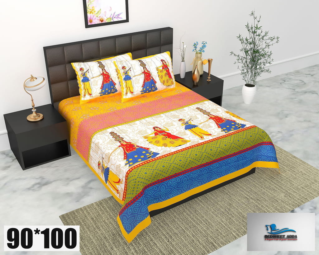 2001-Bedsheet Adda-Pure Cotton Jaipuri Printed Double Bedsheet With 2 Pillow Covers-5 PIC KHATPUTALLI-YELLOW