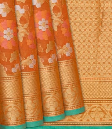 Peach Handloom Cotton Saree With Meena Floral Motifs-Peach-Peach