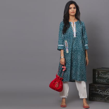 green Bandhni Kurta Set With White Harem Pants-XS