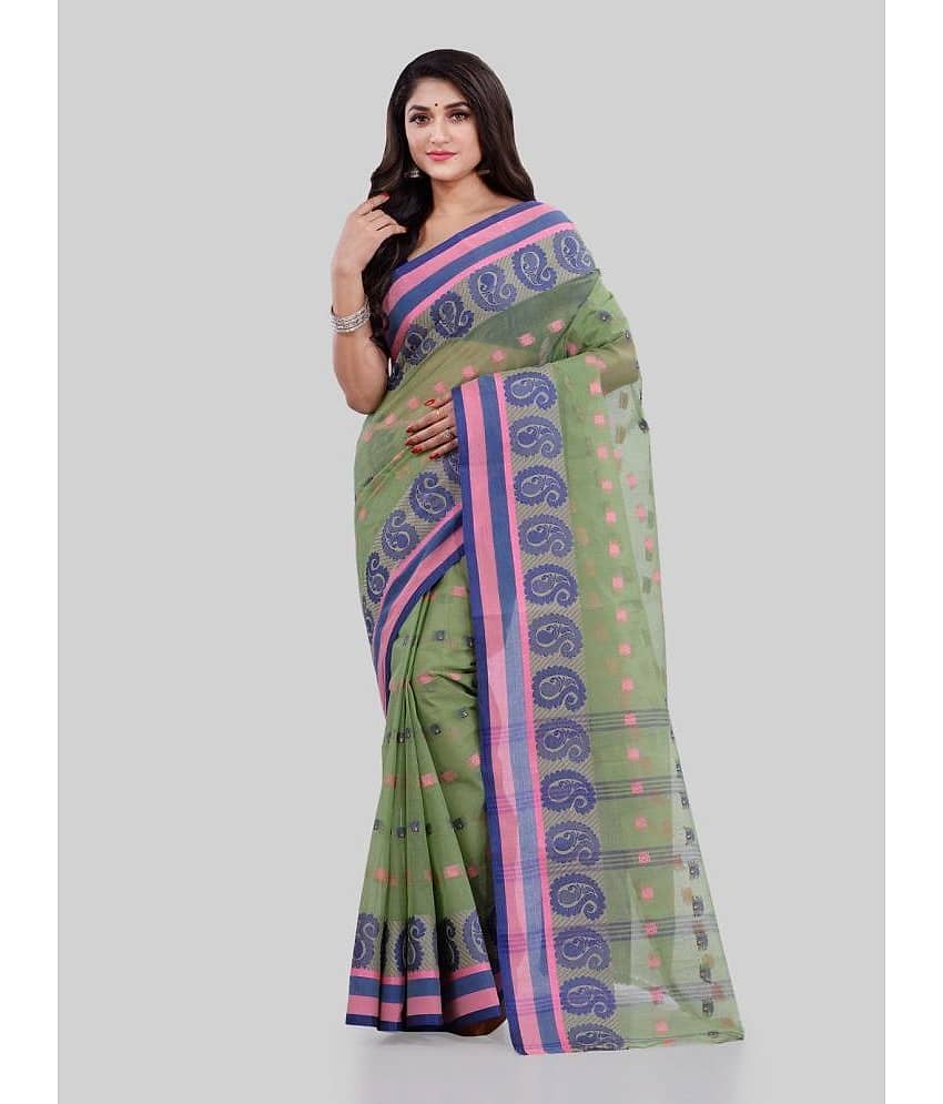 Desh Bidesh Cotton Embroidered Saree Without Blouse Piece ( Green )