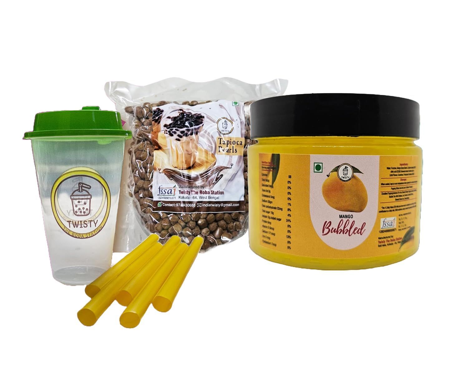 Twisty The Boba Station� Combo Kit | 1 Kg Tapioca Pearls, 350 Grams Mango Popping Boba With 10 Straws (12mm) And 1 Sipper Cup For Bubble Tea, Ice Cream, Smoothies And Milkshakes