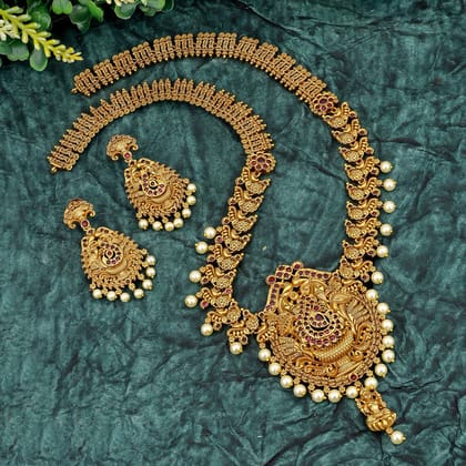 Exquisite Gold-Plated Temple Jewelry Set with Red and White Stones - Necklace & Earrings