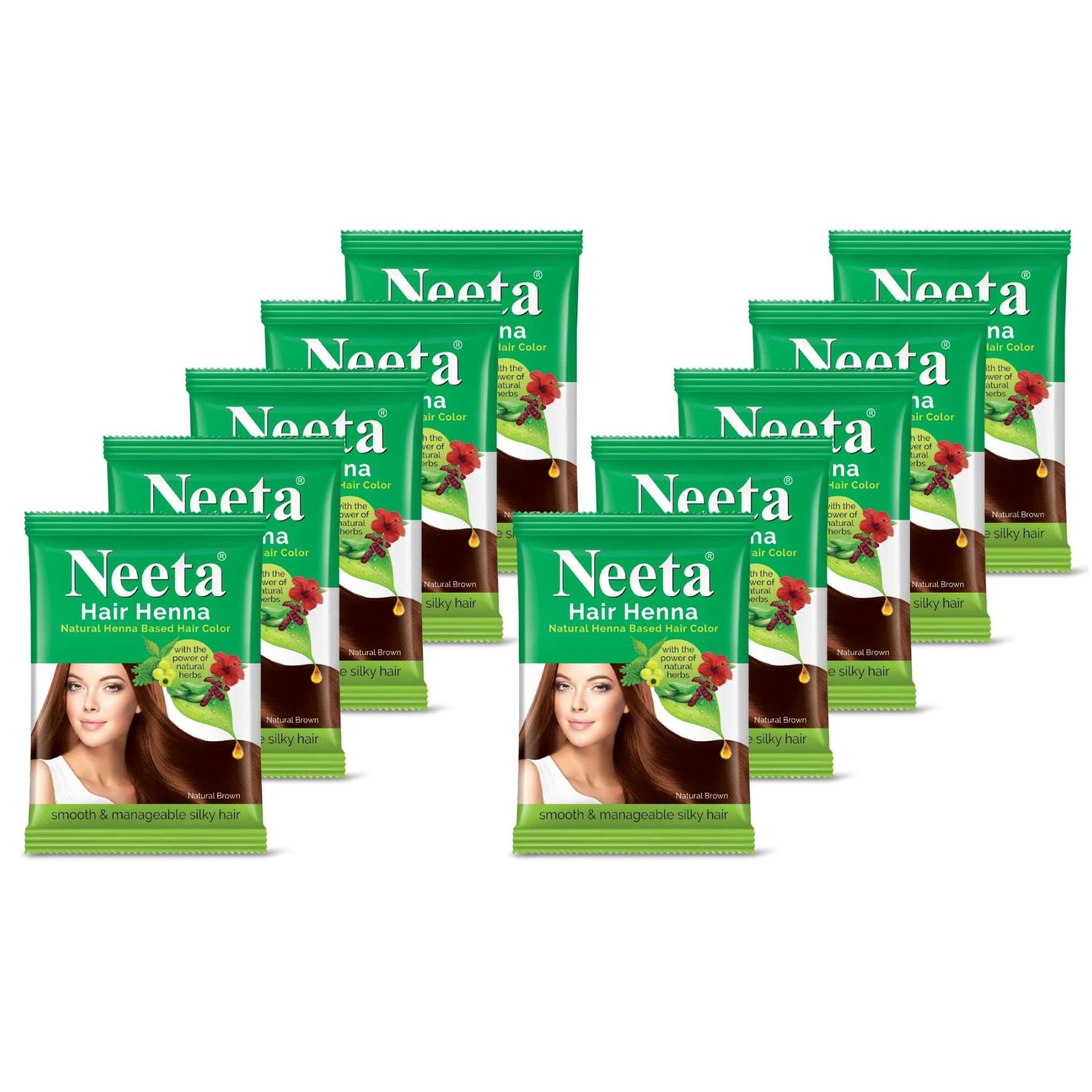 Neeta Hair Henna Powder Hair Color with 5 Herbs Natural Brown 15gm Pack of 10, Ammonia Free Hair Colour for Women & Men