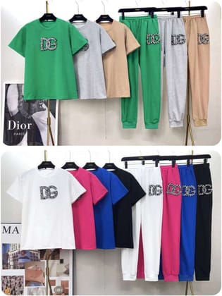 Print D G Diamond Studded T-Shirt & Pants Coord Set-ONE SIZE / GREEN