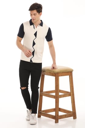 Cream Knit Polo Half Sleeve T-Shirt-M