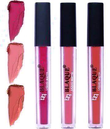 bq BLAQUE Matte Liquid Lipstick Combo of 3 Lip Color 4ml each, Waterproof - Dark & Bold Pink, Coral Peach, Dark Coral