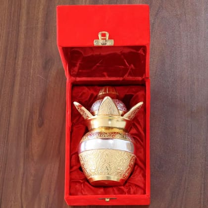 Dreamkraft Gold-Silver Plated Pooja Kalash with Coconut & Leaves in Velvet Box - Ideal for Mandir, Home Temple, Rituals & Gift - 20 cm