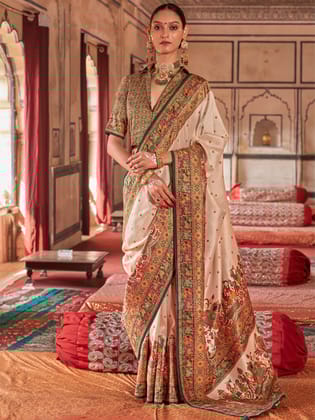 Cream Poly Viscose Silk Polka Dot Banarasi Saree With Dark Green Woven Design Border