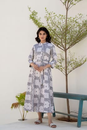 Chic Freyaa Off-White Printed Dress for a Classic Style With Belt-OFF WHITE / M