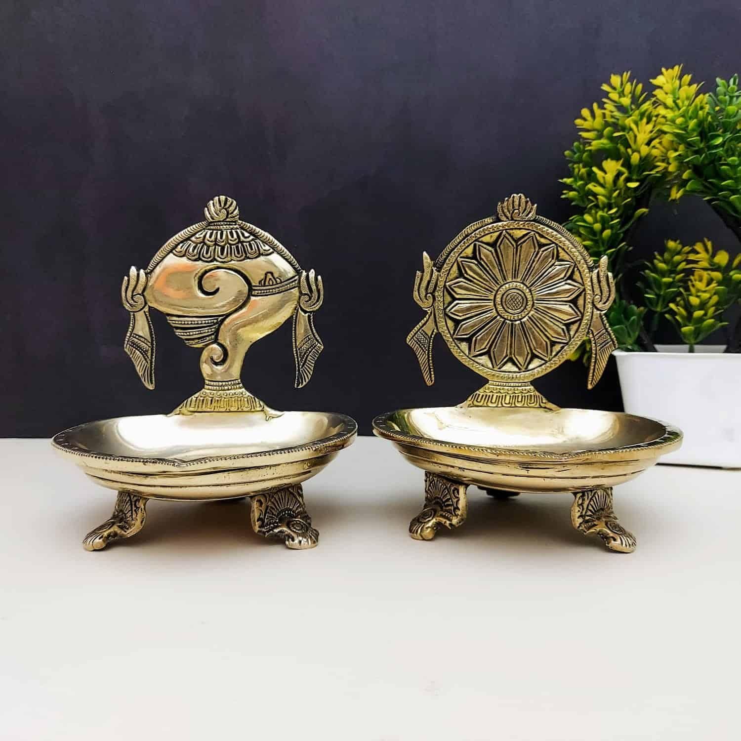 Brass Shankh Chakra Diya Set of Two - 6 inch Height | Traditional Brass Diya Set with Shankh and Chakra Design
