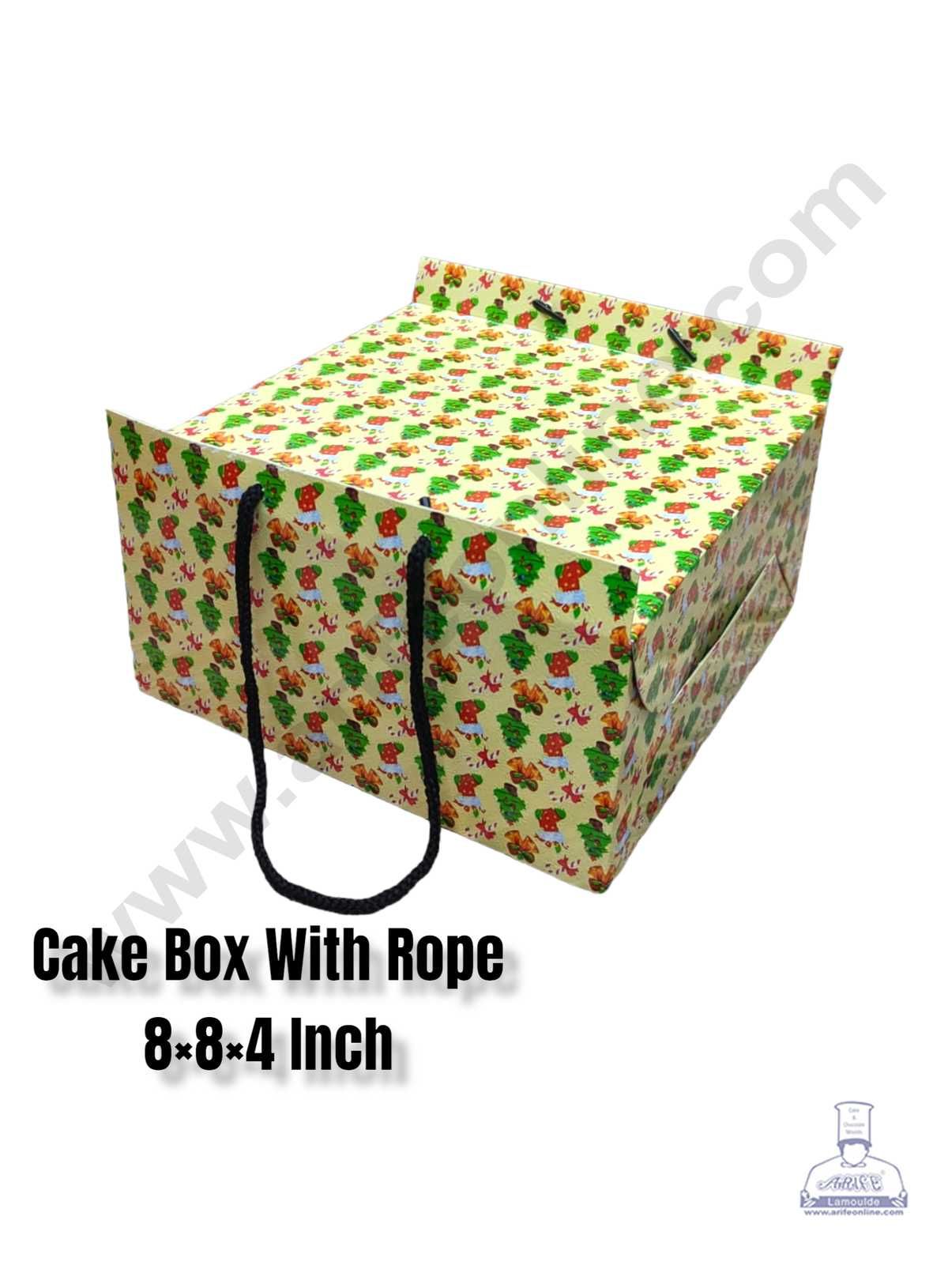 CAKE DECOR™ 1/2 kg Christmas Theme Cake Box with Rope Handle 8 x 8 x 4 Inch - Christmas Theme 2 ( Pack of 10 pcs )