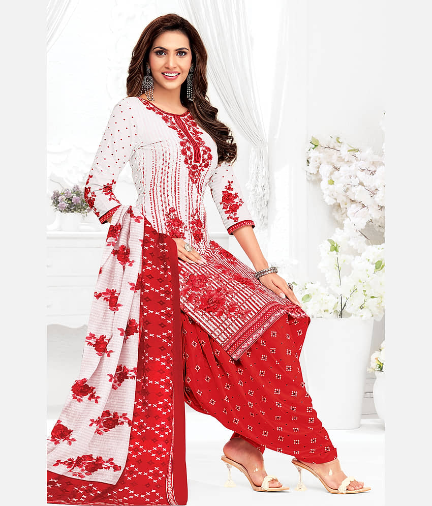 SIMMU Women Cotton Printed Straight Kurti With Patiala Salwar ( White )
