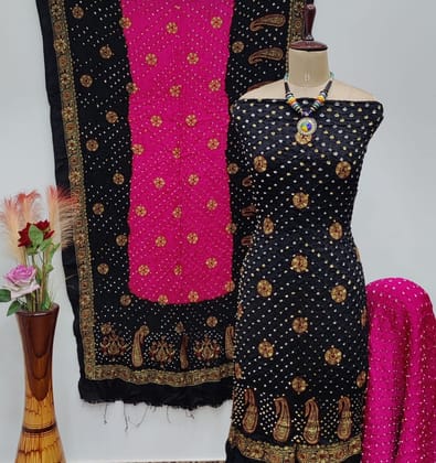 Ghazi Silk Heavy Barik Bandhej work Silk Bandhani Dress Material (Unstitched)-Black-Pink