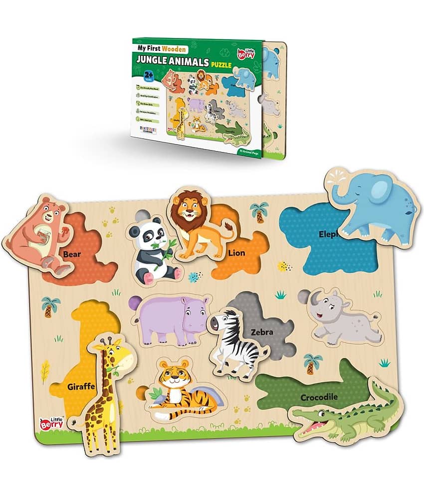 Jungle Animals Wooden Puzzle Board with Pictures for Kids - Knob & Peg Puzzles Games for Boys, Girls, Preschool Children - Learning & Education Wooden Toy Jigsaw Puzzle Set - Fun & Learn Puzzle Tray With Knob For Kids
