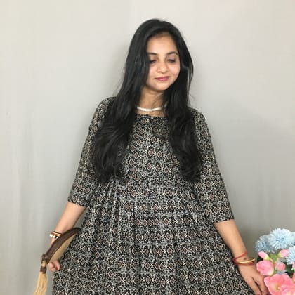 Kalamkari Ajrakh Black - Maternity Kurti with Feeding Zips - Pure Cotton - Cotton Flex - Thicker Fabric-40 - 42 ( L - XL )