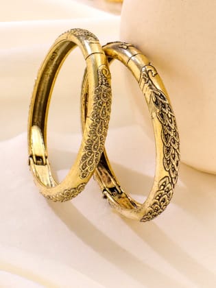 NVR Women Set of 2 Gold Plated Leaf Design Oxidised Bangles-Onesize / Gold / Brass