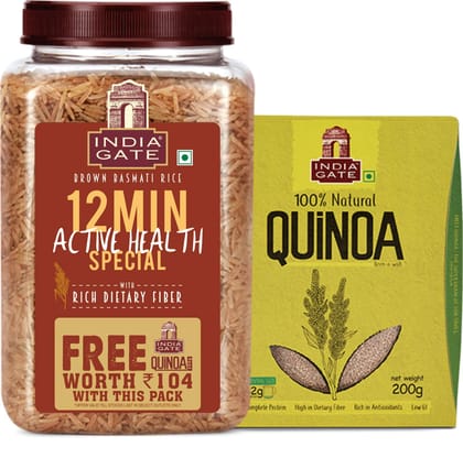 INDIA GATE Brown Basmati Rice | 12 Min Active Health Special with Rich Dietary Fibre, 1 Kg Jar with 200 gm Quinoa Free