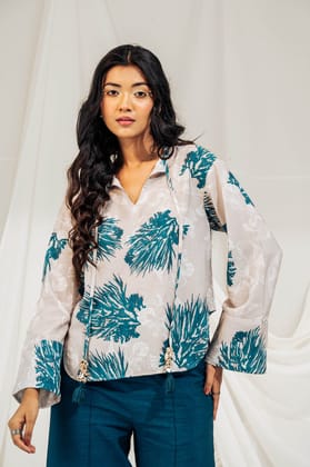 Grey Printed Top with Tassels-XS