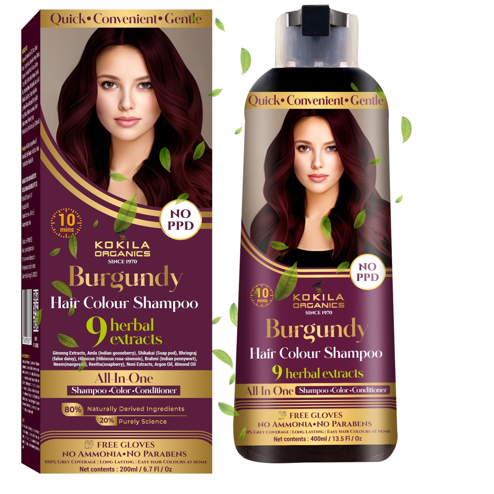 Kokila NO PPD Shampoo Hair Colour - Black 400ml for Women and Men | Natural Extracts | Colours Hair in 10 Minutes | Ammonia Free, Paraben Free - 10 Pair Free Gloves Kokila NO PPD Shampoo Hair Colour - Black 400ml for Women and Men | Natural Extracts | Co