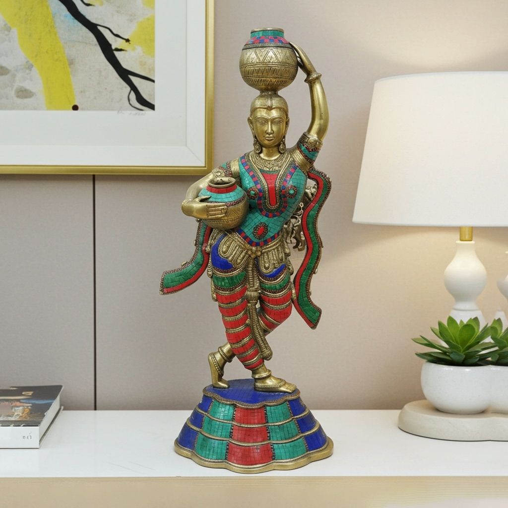 Brass Showpiece Lady With Matka Statue, Height : 35 Inch (BSMAS1564 A)