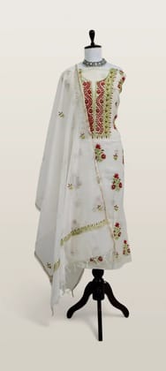 Chikankari Mul Chanderi Dress Material Ivory Red Green Chikankari Mul Chanderi Dress Material Ivory Red Green