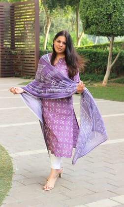 Cotton Purple Weaved Kurta & Printed Dupatta-XXS