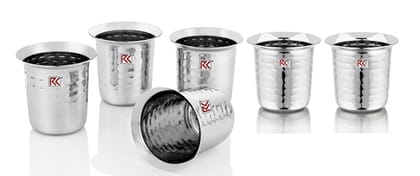 RK 22Guage Anand Glass 5 Stainless Steel Raindrop Hammered Finish Tableware Drinkware Tumbler Drinking Glasses for Home, Restaurants, Office Capacity 90ml - Set of 6 Silver