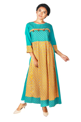 Women's Cotton Round Neck, Printed Gown Kurti with Tussel Button Kurta (Color:- Yellow)