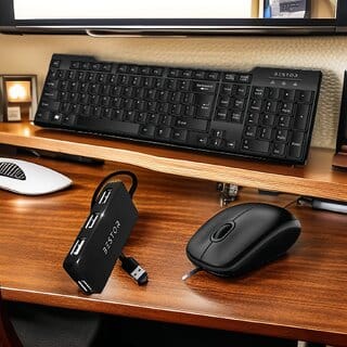 Wired Ergonomic Keyboard and Mouse Combo with USB Hub - Sleek Black Office Set