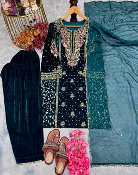 Designer Party Wear Look Heavy Pure Viscose Velvet Top Plazzo & Dupatta Set