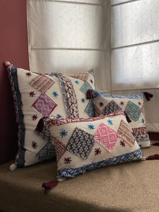 KRI India Distressed Patchwork Cushion Covers|12x18 inches | Off White base with multicoloured handwork | Wash & Care | 100% Cotton | Handcrafted in India. 100% organic & natural.
