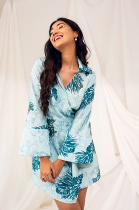 Printed Short Wrap Dress - Cadet Blue-S
