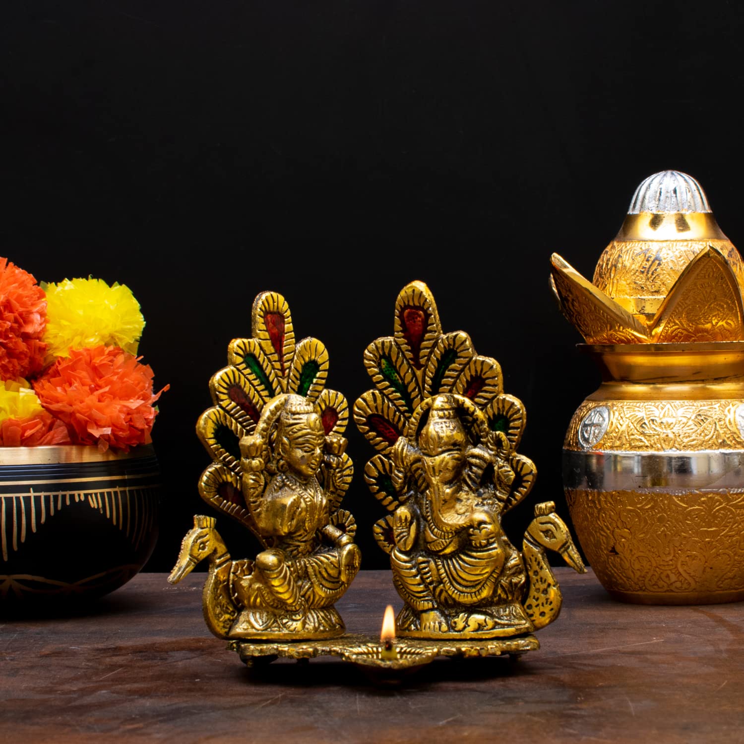 Craftlayout Metal Lakshmi Ganpati Statue with Diya with Golden Finish 5 Inch