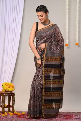 CHANDERI SILK BAGRU PRINT SAREE WITH ZARI BORDER