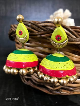 Handmade Terracotta Jhumka-Yellow & Red