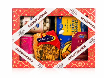 Ghasitaram's Premium Rakhi Gift Hamper – Chana Barfi, Assorted Namkeen Snacks, Festive Greeting Card & Luxury Gift Box for Raksha Bandhan Gifting