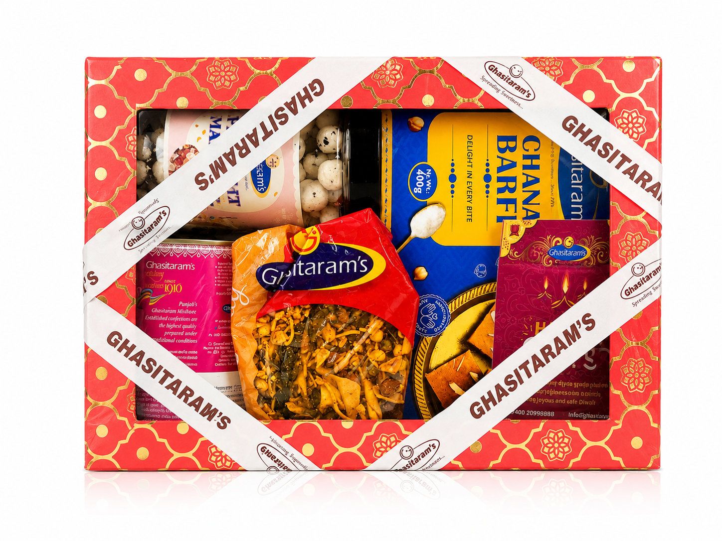 Ghasitaram's Premium Rakhi Gift Hamper – Chana Barfi, Assorted Namkeen Snacks, Festive Greeting Card & Luxury Gift Box for Raksha Bandhan Gifting