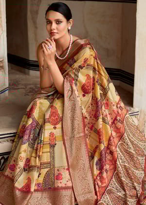Delight Yellow Woven Banarasi Printed Soft Silk Saree