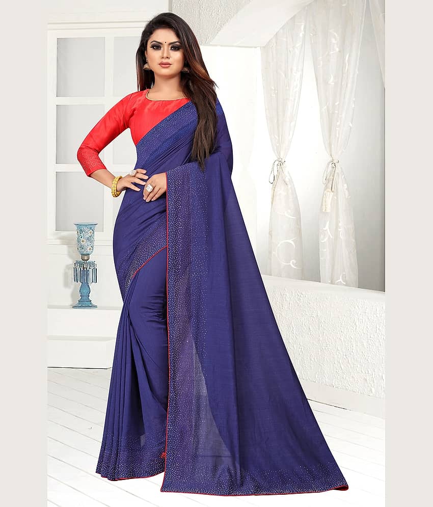 Gazal Fashions Silk Blend Embellished Saree With Unstitched Blouse Piece ( Blue,Red )