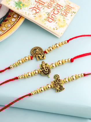 NVR Men Set of 3 Gold Toned Designer Ganesh Ji Thread Rakhi with Roli Chawal Chandan & Mishri-One Size / Gold