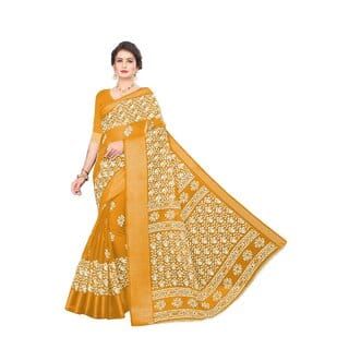 Yellow Colour Ethnic Modif Printed Cotton Saree With Blouse Piece