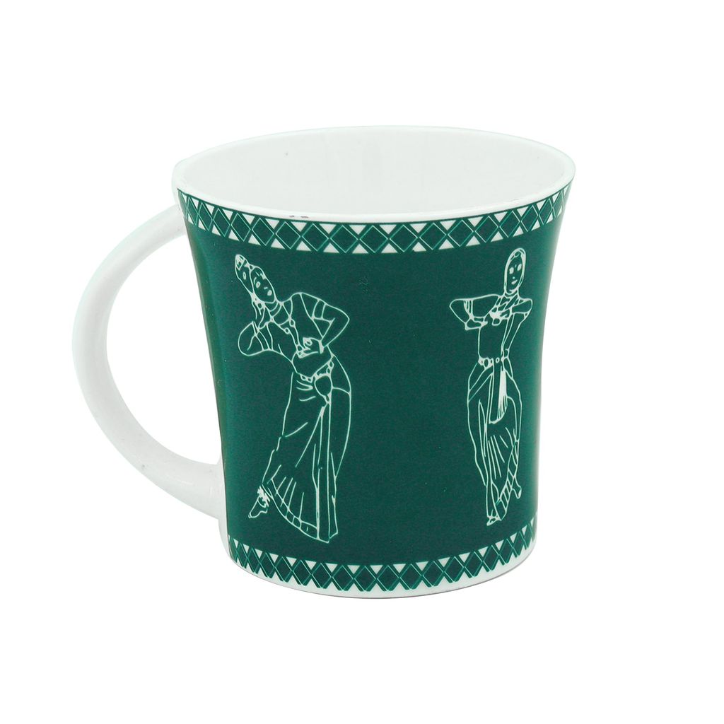 Femora Classical Dancers Pattern Tea Cups, Ceramic Tea Cups, Coffee Mugs (160 ml) - 6 Pcs Set (Green)