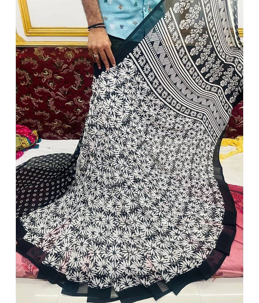 Bhuwal Fashion Georgette Printed Saree With Unstitched Blouse Piece ( Black )