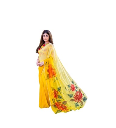 Women's Georgette Printed Saree With Unstitched Blouse 5.5Mtr (Yellow)-PID63898