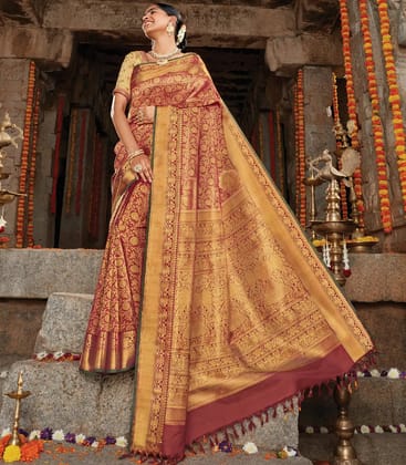 Crimson Handloom Natural Dyed Kanchipuram Revival Silk Saree With Gandaberunda Motifs-Crimson