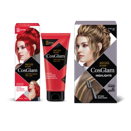COSGLAM Semi Permanent Hair Color Valentine Red 120g and Hair Highlighter Kit 115g, Highlights Hair Dye